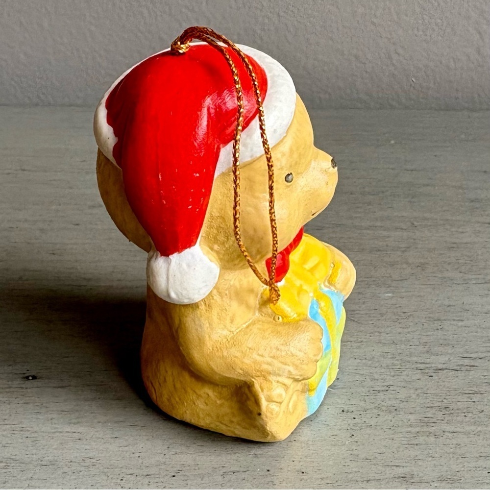 Vintage Teddy Bear Santa Hat w/ Present Ornament 3" Christmas Holiday - Picture 2 of 7